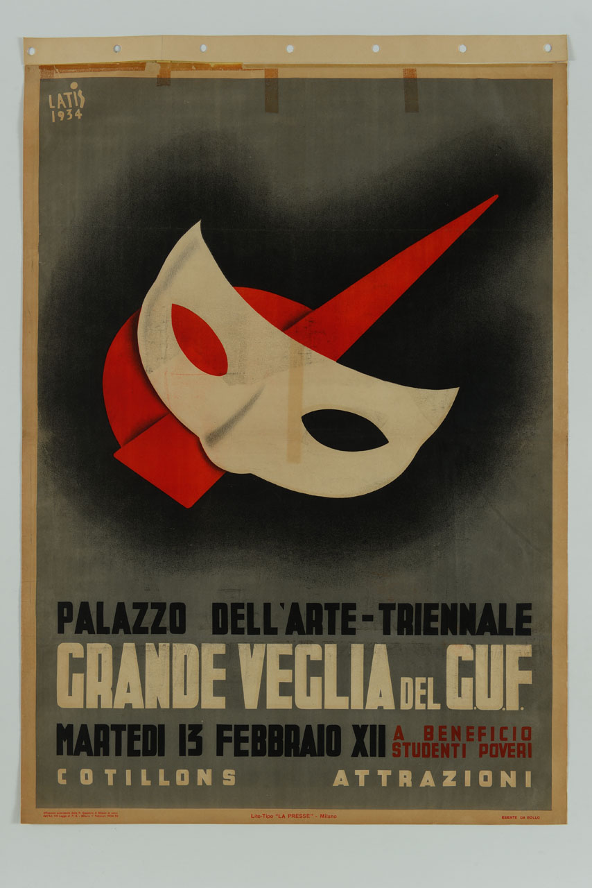 maschera di carnevale e berretto goliardico (manifesto) di Latis Vito (sec. XX)