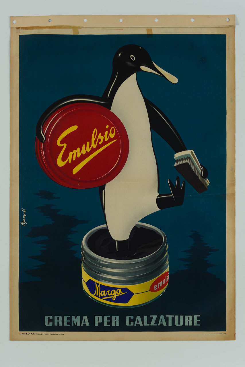 pinguino dentro una confezione di crema per calzature si lucida una zampa (manifesto) di Ligasacchi Natale (sec. XX)
