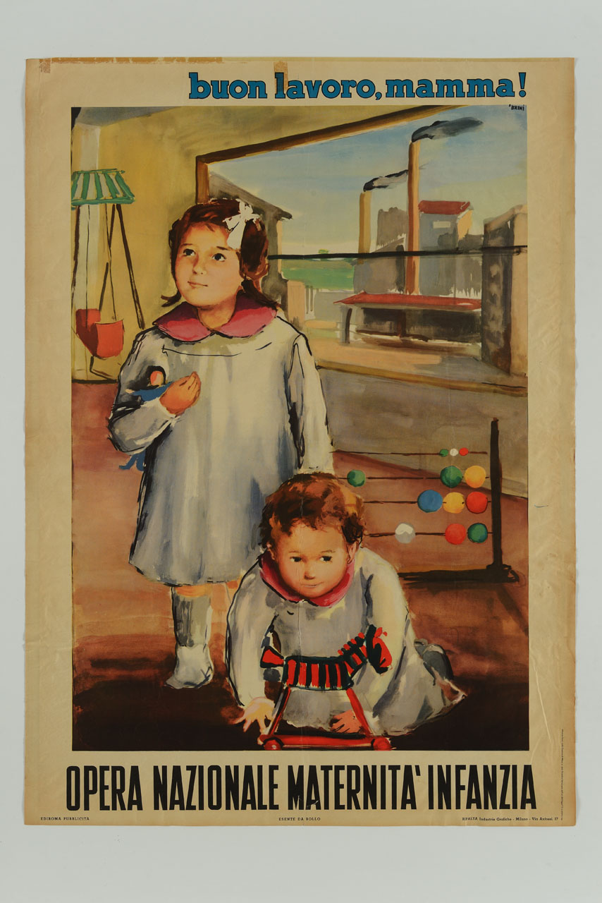 bambina con il fratellino in una scuola dell'infanzia volge lo sguardo in alto come gesto di saluto (manifesto) di Brini Ercole (sec. XX)