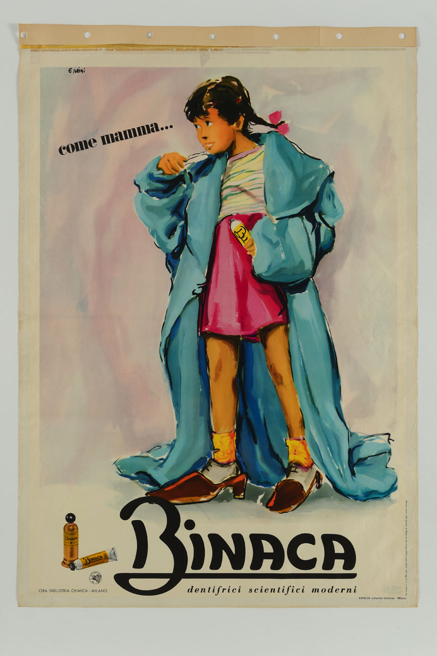 bambina si lava i denti indossando la vestaglia e le ciabatte della mamma (manifesto) di Brini Ercole (sec. XX)