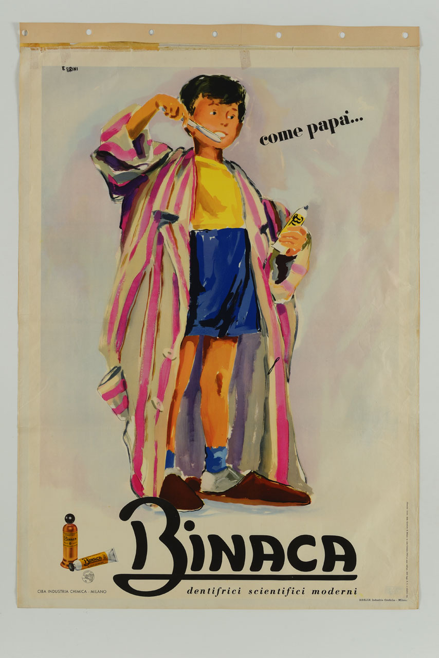 bambino si lava i denti indossando la vestaglia e le ciabatte del papà (manifesto) di Brini Ercole (sec. XX)