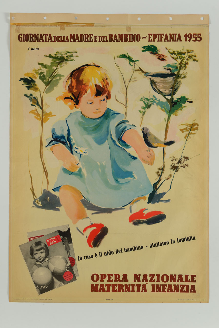 bambina seduta con margherita in mano guarda uccellino posato sul braccio e riviste (manifesto) di Brini Ercole (sec. XX)