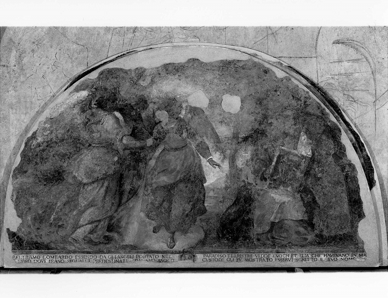 il beato Beltramo ha la visione di Enoch ed Elia (dipinto murale staccato) di Boschi Fabrizio (attribuito) (sec. XVII)
