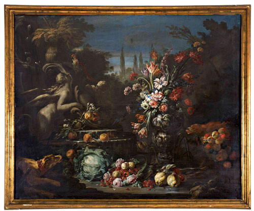 Natura morta con fiori e frutta, Natura morta (dipinto) di Cusati Gaetano (fine/ inizio sec, XVII - XVIII)