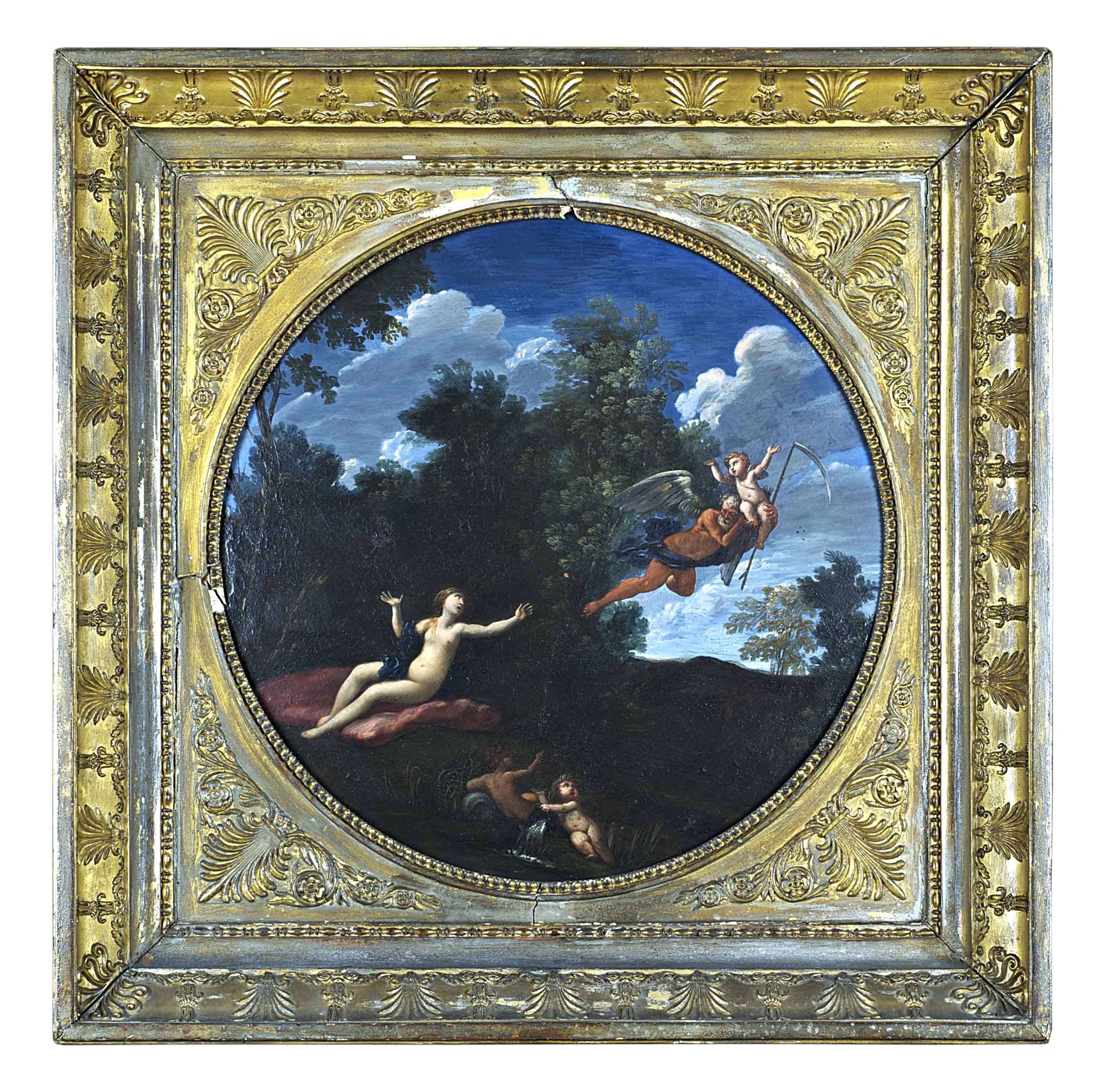 Paesaggio con il Tempo che rapisce Amore, mitologico (dipinto) di Francesco Albani (cerchia) (inizio sec. XVIII)