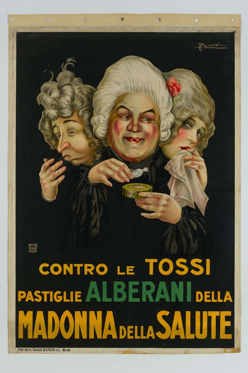 uomo in parrucca settecentesca offre una pastiglia ad un uomo e ad una donna raffreddati (manifesto) di Busi Adolfo (prima metà sec. XX)