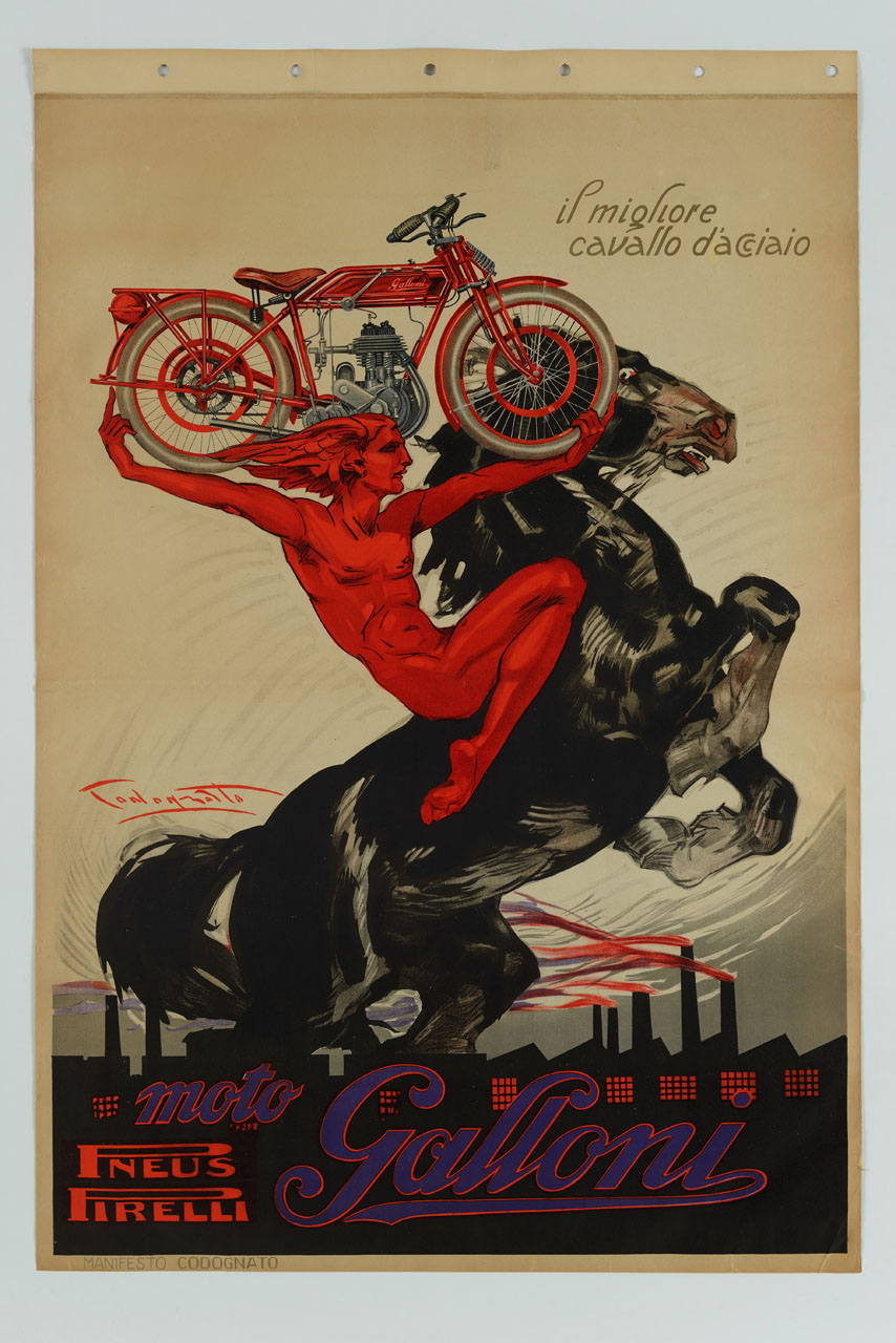 Mercurio su un cavallo impennato sorregge una motocicletta rossa sullo sfondo di un paesaggio industriale (manifesto) di Codognato Plinio (sec. XX)