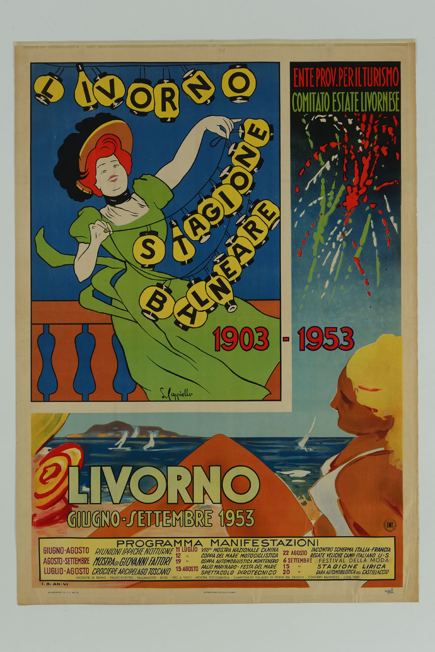 Livorno stagione balneare di Leonetto Cappiello e donna bionda in spiaggia (manifesto) - ambito italiano (sec. XX)