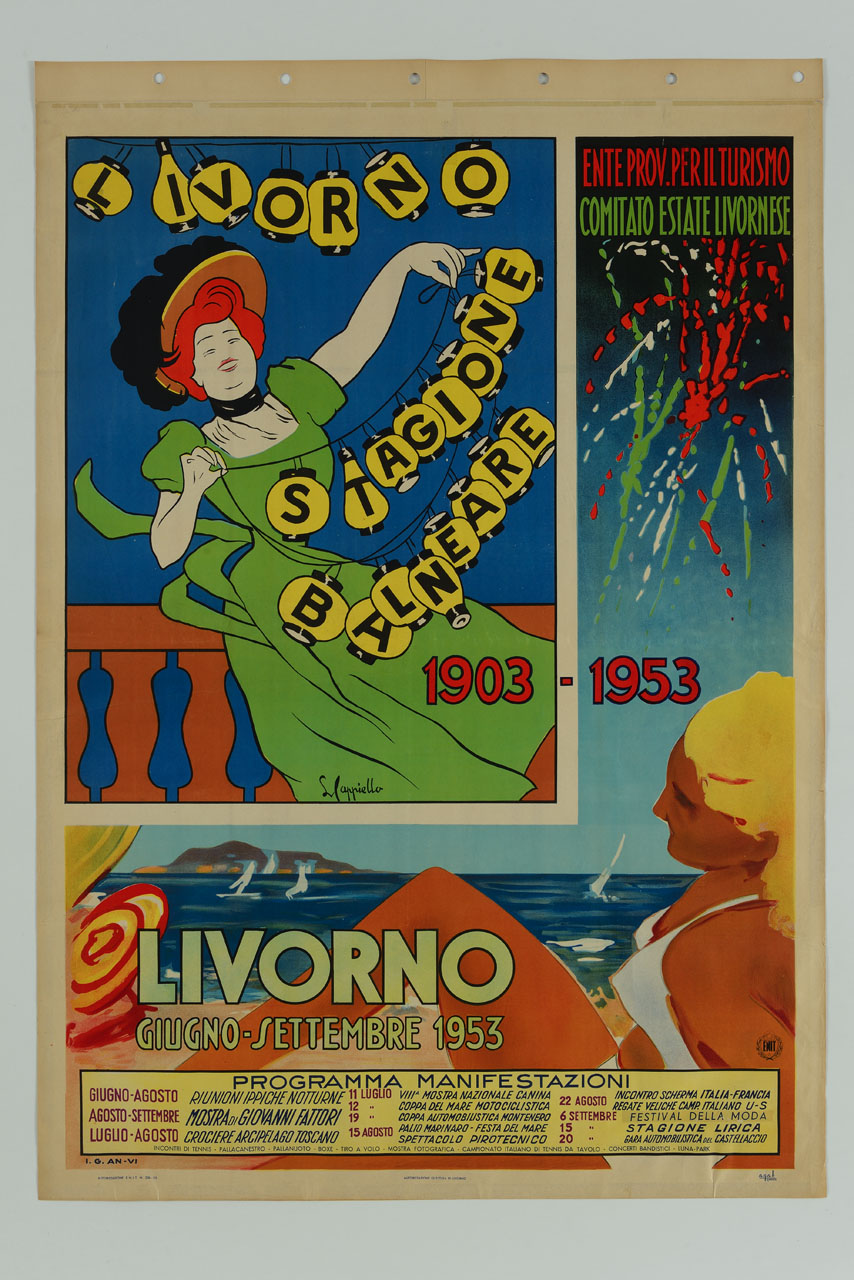 Livorno stagione balneare di Leonetto Cappiello e donna bionda in spiaggia (manifesto) - ambito italiano (sec. XX)