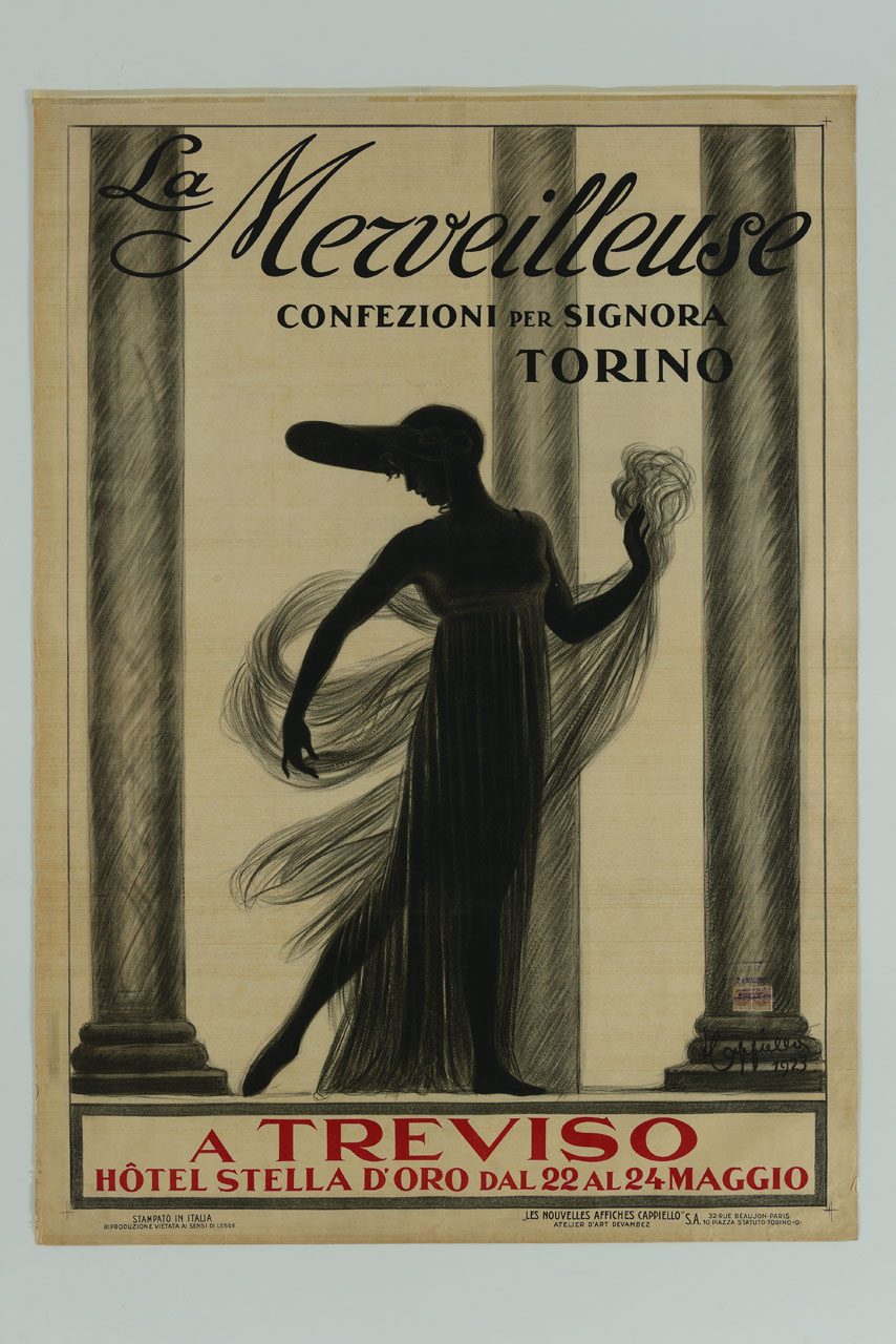 donna con abito in tessuto trasparente e cappello si muove leggiadra in un colonnato tenendo con la mano destra un velo (manifesto) di Cappiello Leonetto (sec. XX)