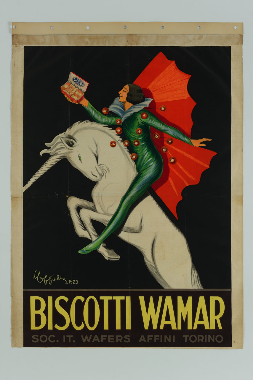 uomo in veste circense cavalca un unicorno e sostiene una scatola di biscotti (manifesto) di Cappiello Leonetto (sec. XX)