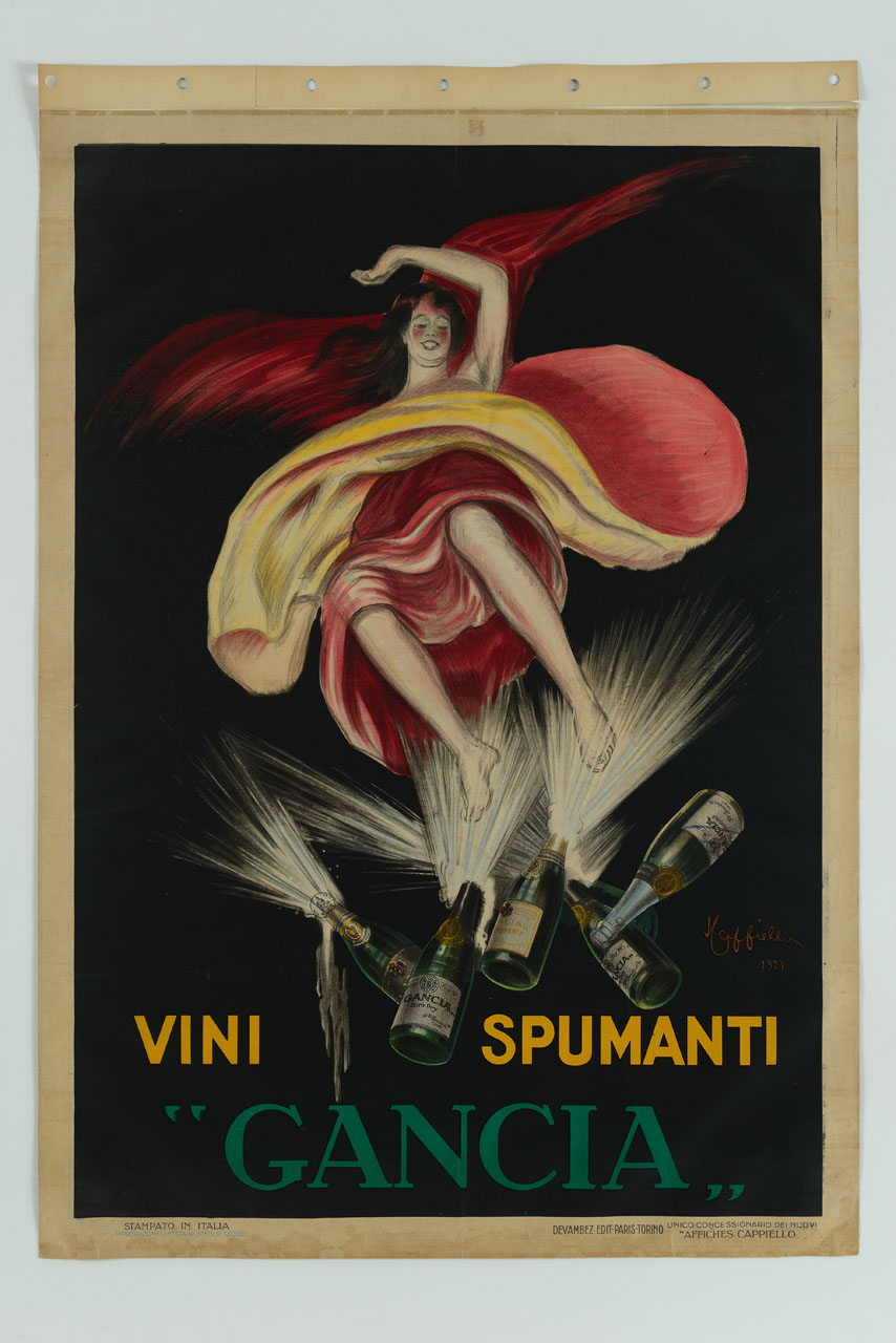 donna avvolta in veli salta su bottiglie di spumante appena stappate e spumeggianti (manifesto) di Cappiello Leonetto (sec. XX)