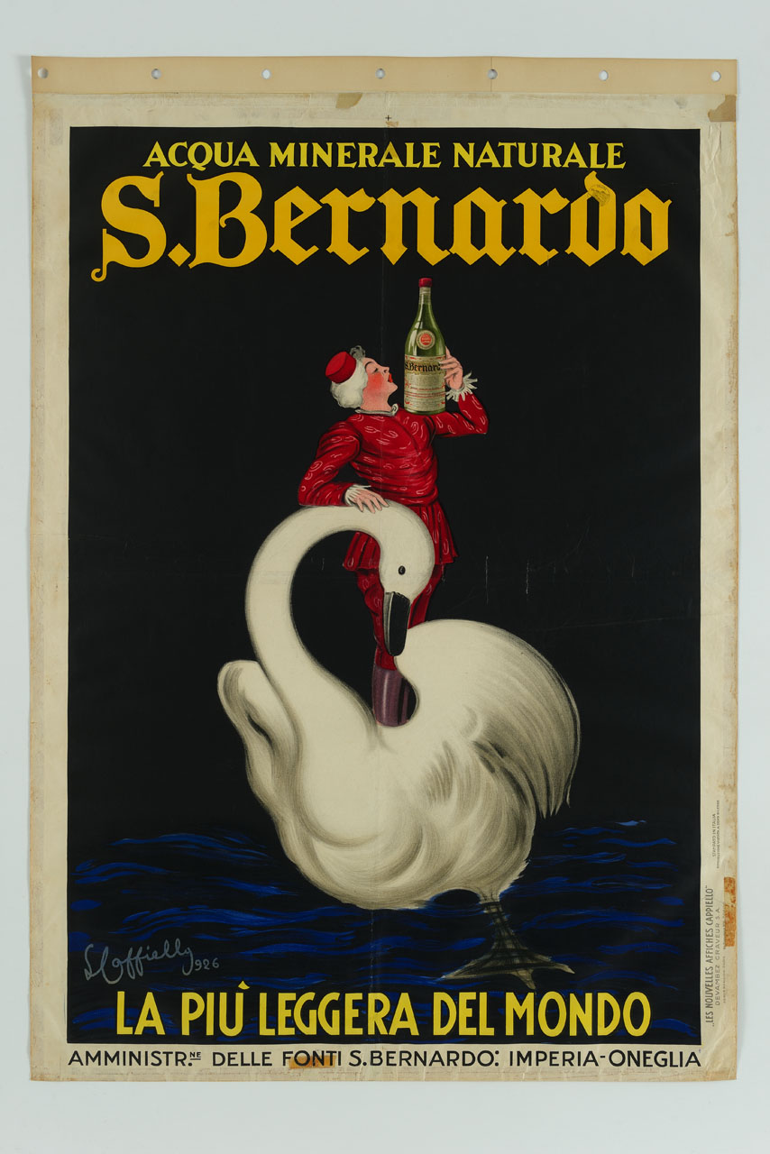 uomo in veste circense in piedi sopra un grande cigno bianco sorregge una bottiglia d'acqua (manifesto) di Cappiello Leonetto (sec. XX)