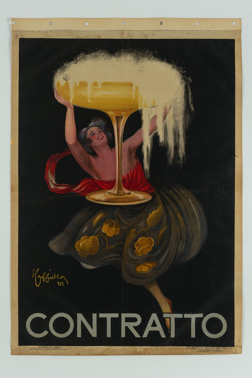 giovane donna sorridente solleva una grande coppa straripante di spumante (manifesto) di Cappiello Leonetto (sec. XX)