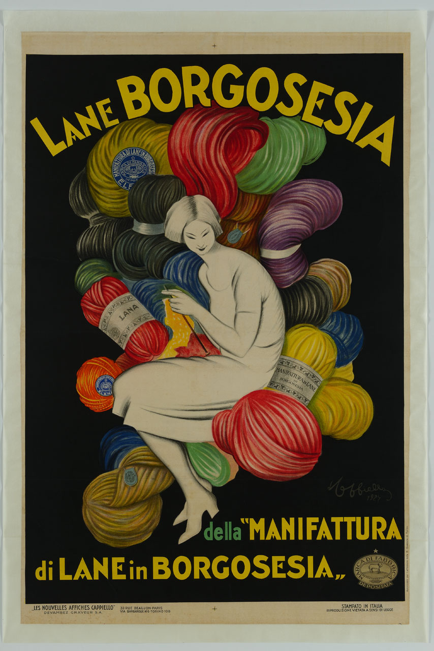 giovane donna lavora ai ferri seduta su grandi gomitoli di lana colorati (manifesto) di Cappiello Leonetto (sec. XX)