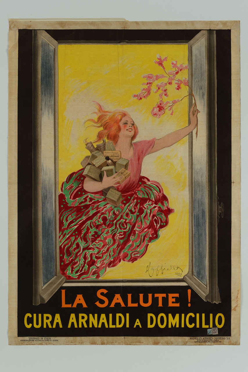 giovane donna entra in volo da una finestra aperta con in mano un ramo fiorito e confezioni di medicinali (manifesto) di Cappiello Leonetto (sec. XX)