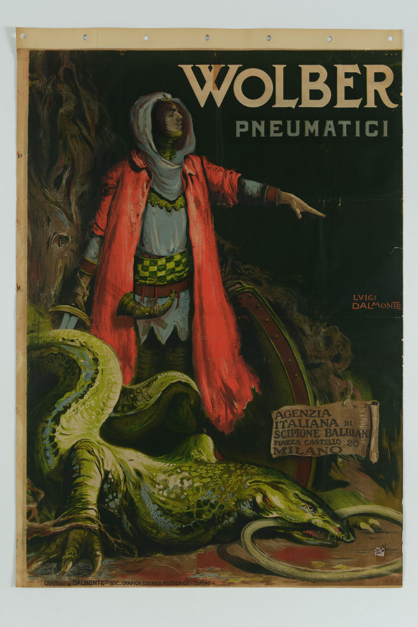 guerriero stante con un drago ai piedi in atto di mordere uno pneumatico (manifesto) di Dal Monte Luigi (sec. XX)