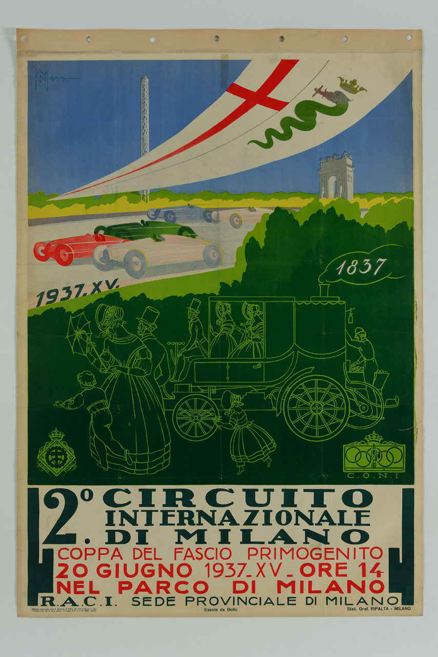 famiglie aristocratiche assistono ad una corsa automobilistica (manifesto) di Di Massa Romano (sec. XX)