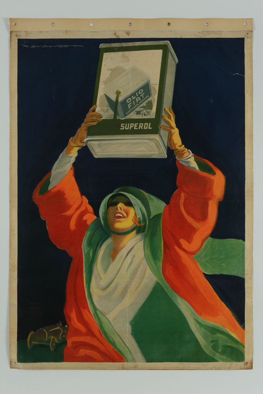 donna in abiti da automobilista mostra sollevandola una tanica di olio per auto (manifesto) di Dudovich Marcello (sec. XX)