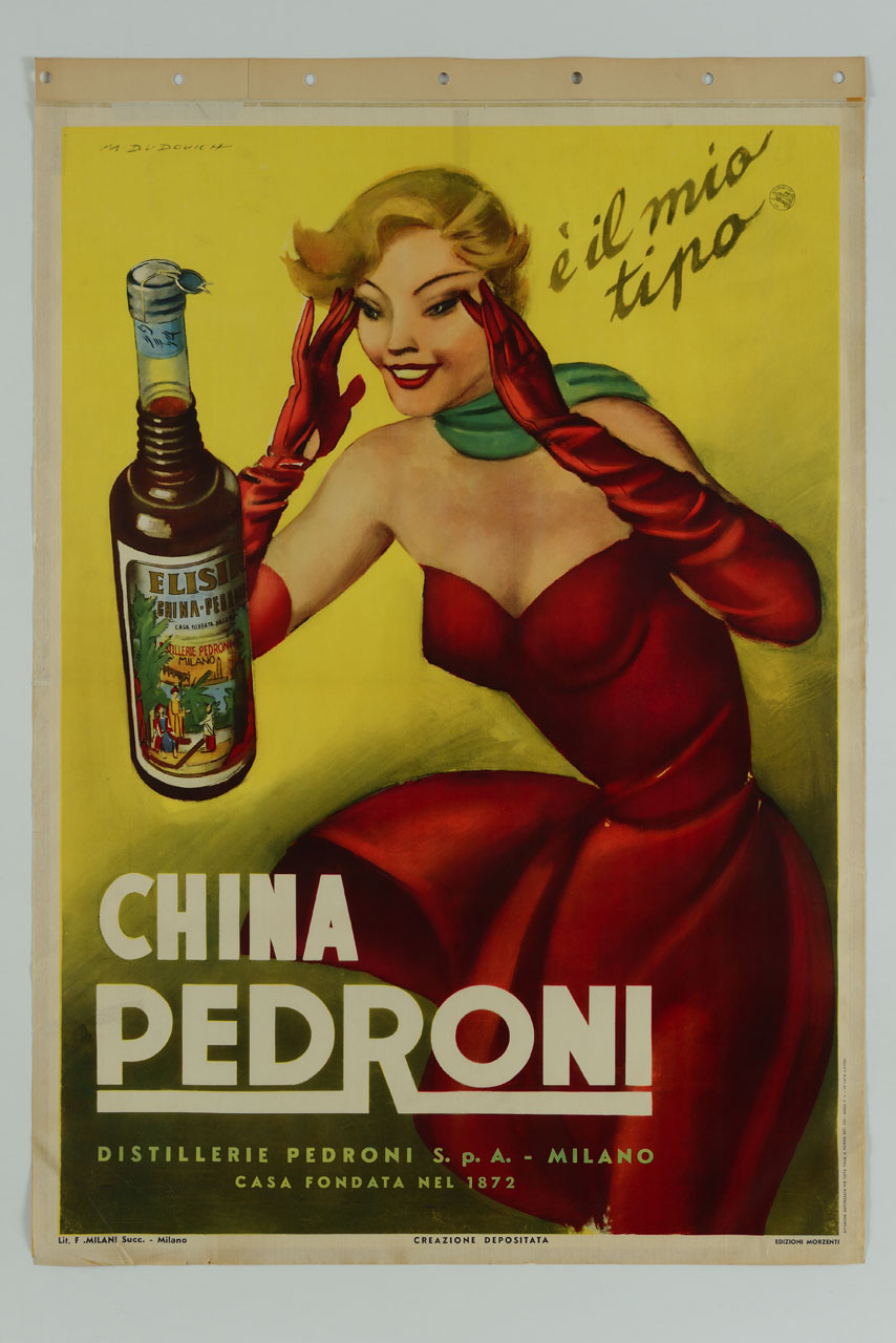donna in abito e guanti rossi guarda affascinata una bottiglia di liquore (manifesto) di Dudovich Marcello (sec. XX)