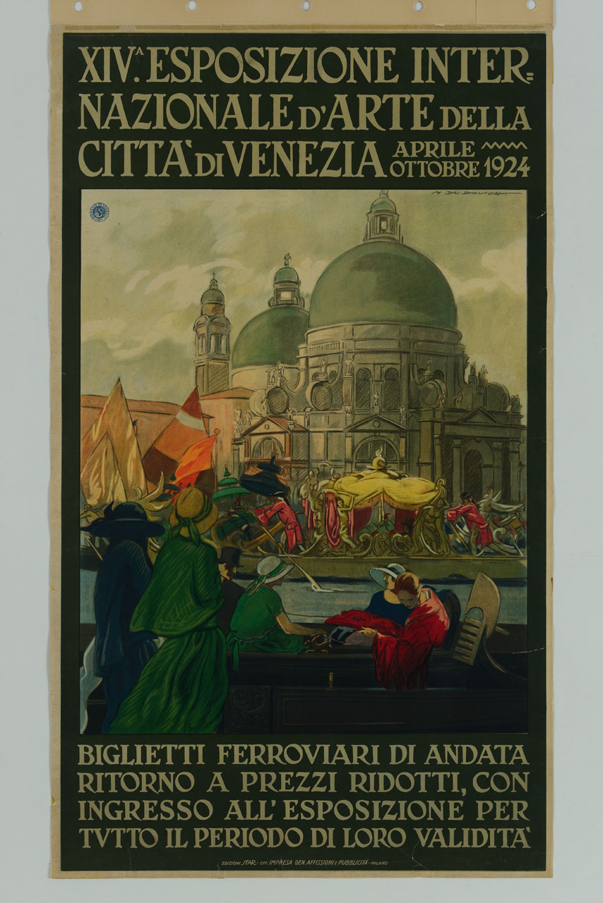 uomini e donne in gondola osservano la Regata Storica sullo sfondo della Basilica di Santa Maria della Salute (manifesto) di Dudovich Marcello (sec. XX)