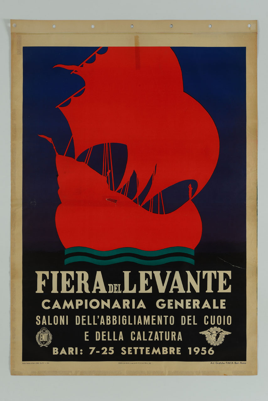 caravella stilizzata rossa su fondo blu e nero (manifesto) - ambito italiano (sec. XX)