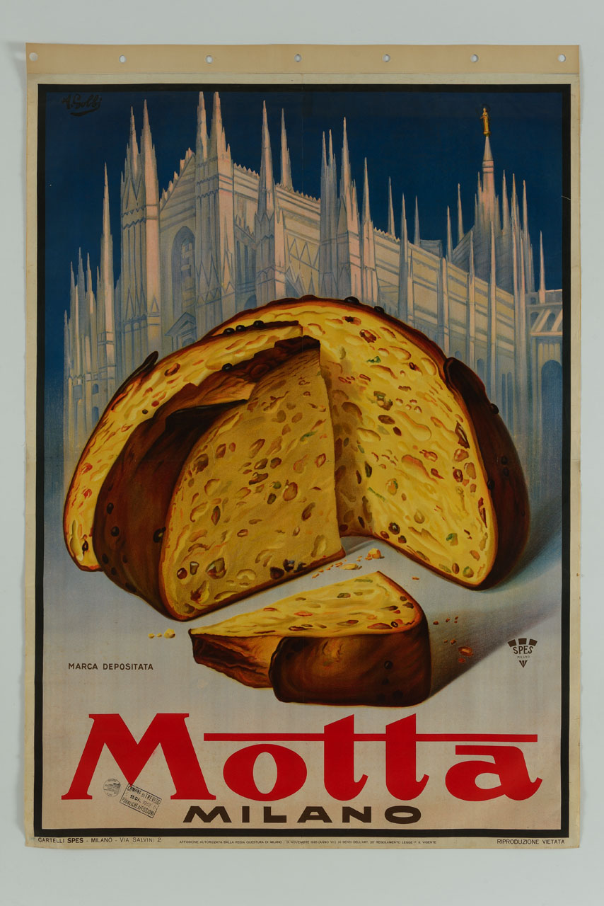 panettone sullo sfondo del duomo di Milano (manifesto) di Gobbi Alpenore (sec. XX)