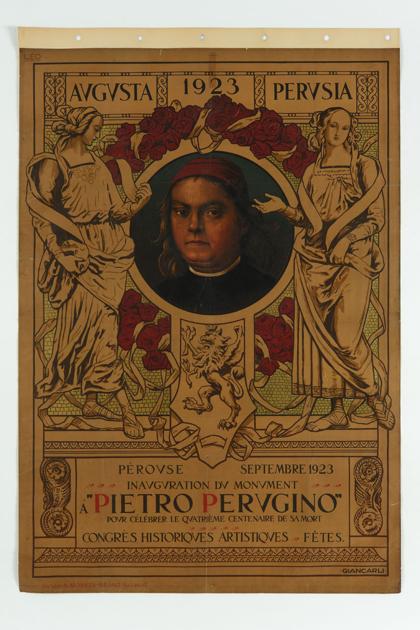 ritratto di Pietro Perugino entro tondo attorniato da ghirlanda tra due figure femminili (manifesto) di Giancarli Alfredo (sec. XX)