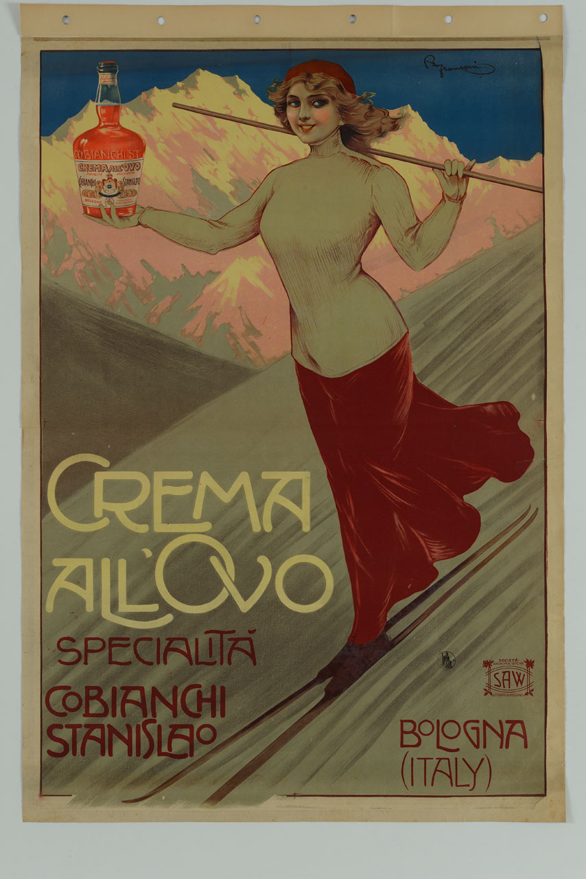 donna con gonna rossa scia tenendo in mano una bottiglia di liquore (manifesto) di Franzoni Roberto (sec. XX)