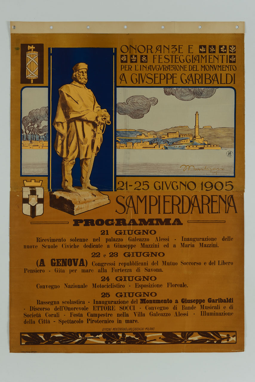 monumento di Giuseppe Garibaldi e veduta di Sampierdarena con il faro (manifesto, stampa composita) di Mantovani Luigi (sec. XX)