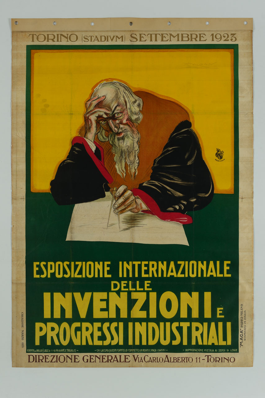 scienziato con la barba seduto ad un tavolo è intento negli studi (manifesto) di Mauzan Achille Luciano (sec. XX)