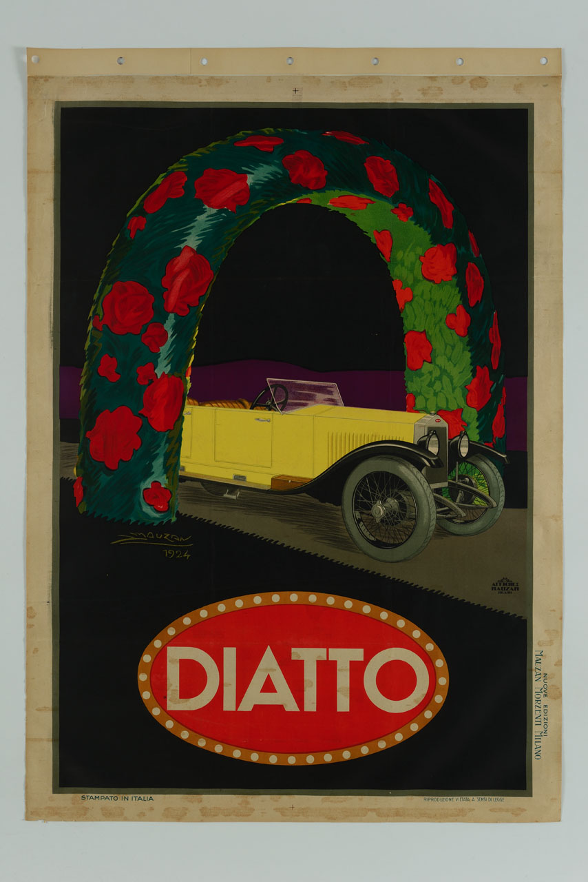 automobile gialla sta sotto un grande arco floreale (manifesto) di Mauzan Achille Luciano (sec. XX)