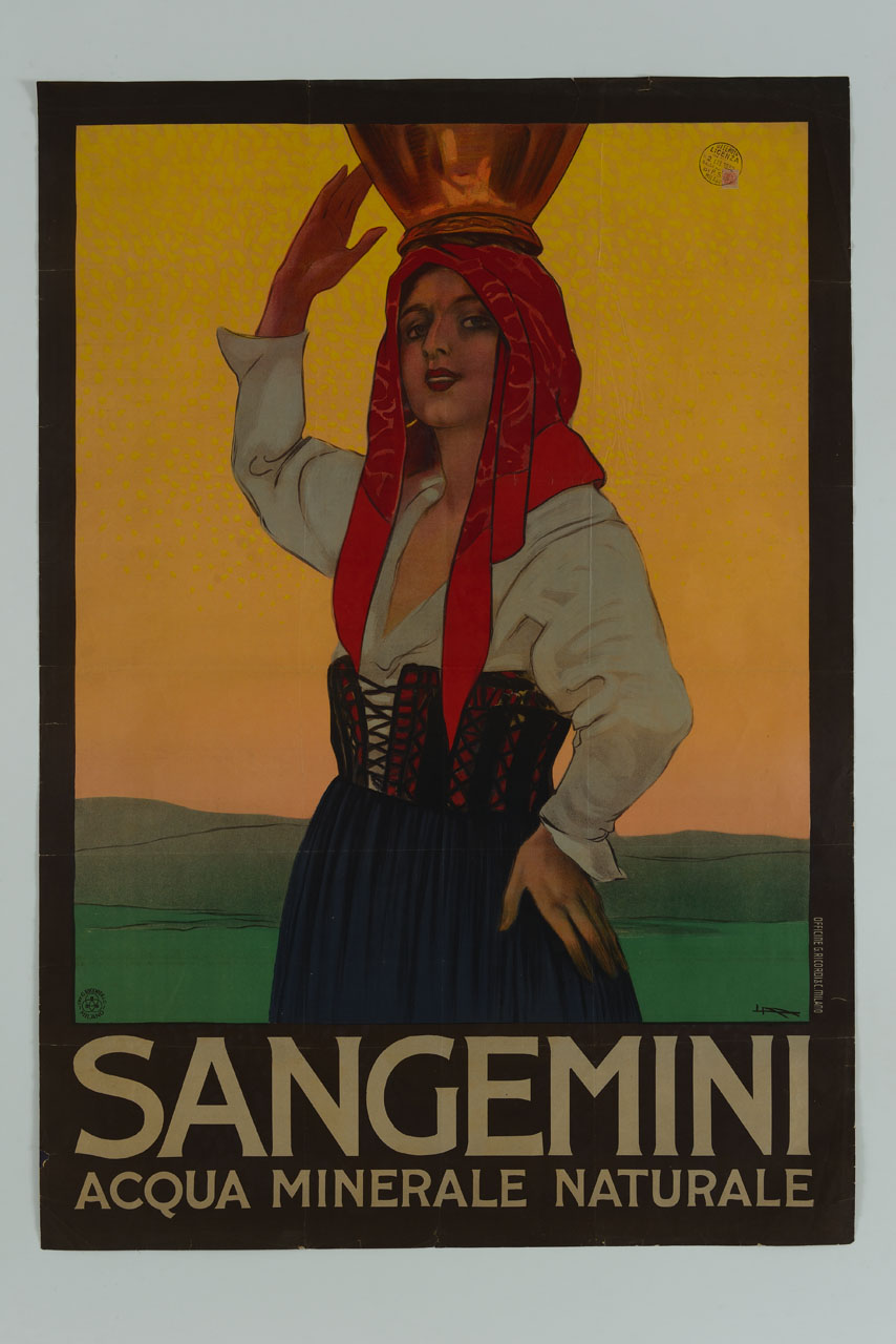 donna in abiti tradizionali umbri porta sul capo una brocca (manifesto) di Metlicovitz Leopoldo (sec. XX)