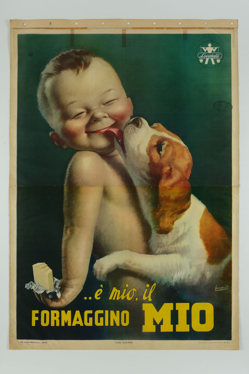 cucciolo di cane lecca il viso ad un bambino che tiene un formaggino nella mano destra (manifesto, stampa composita) di Boccasile Gino (sec. XX)