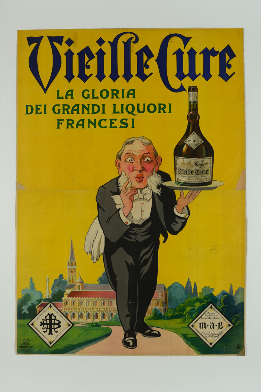 cameriere in frac tiene sulle dita della mano sinistra un vassoio con una bottiglia di liquore sullo sfondo della veduta di un viale e di un'abbazia (manifesto, stampa composita) - ambito lombardo (sec. XX)