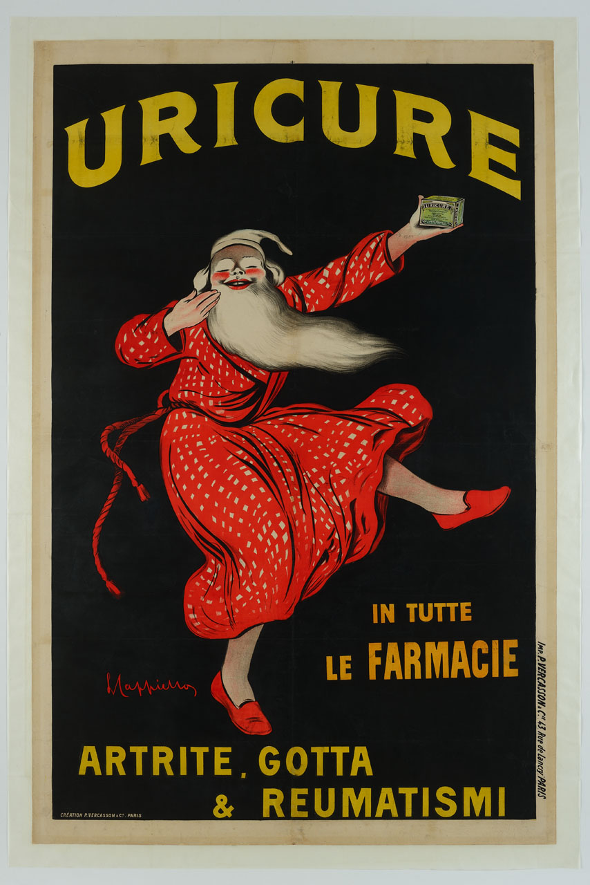 vecchio con lunga barba in vestaglia rossa e pantofole danza mostrando una scatola di Uricure (manifesto) di Cappiello Leonetto (sec. XX)