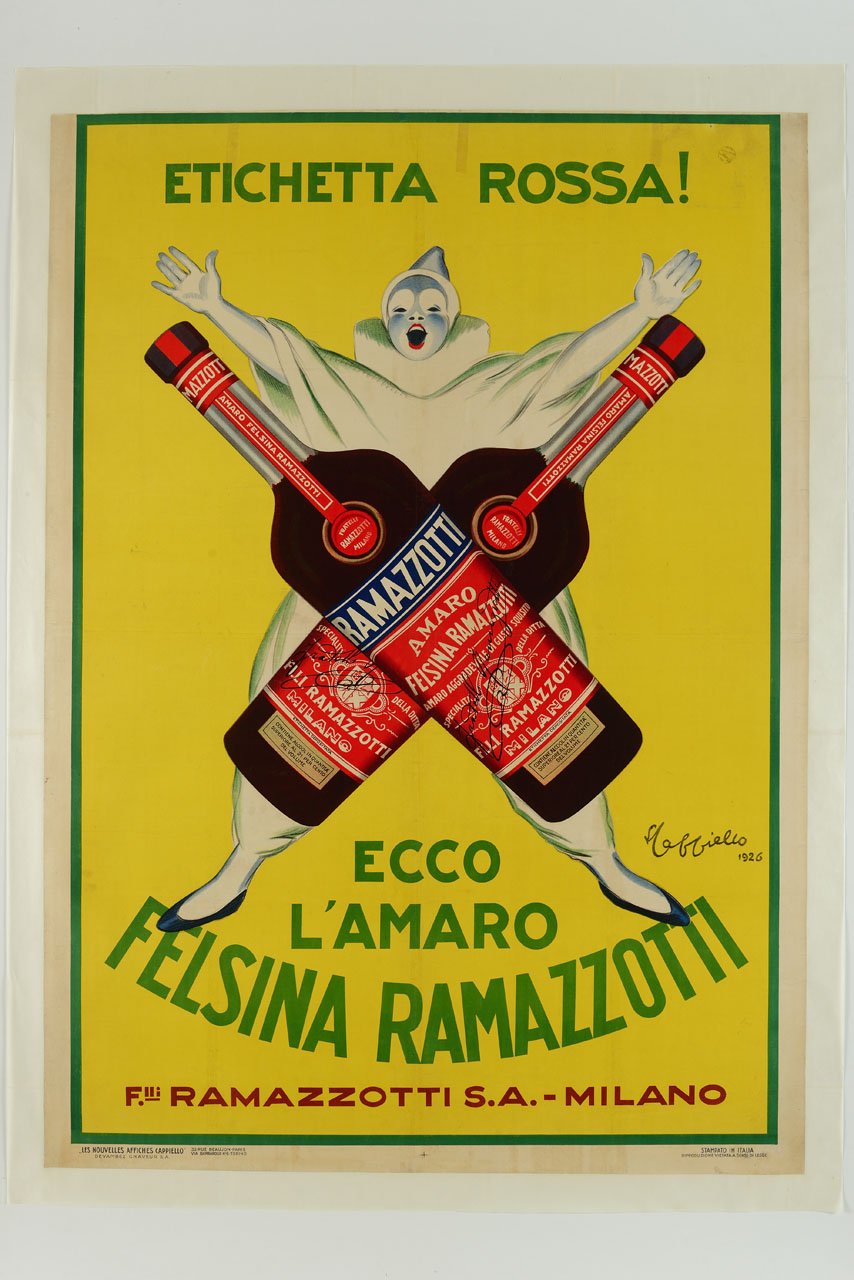 due bottiglie di Amaro Ramazzotti incrociate e sovrapposte a folletto vestito di bianco (manifesto) di Cappiello Leonetto (sec. XX)