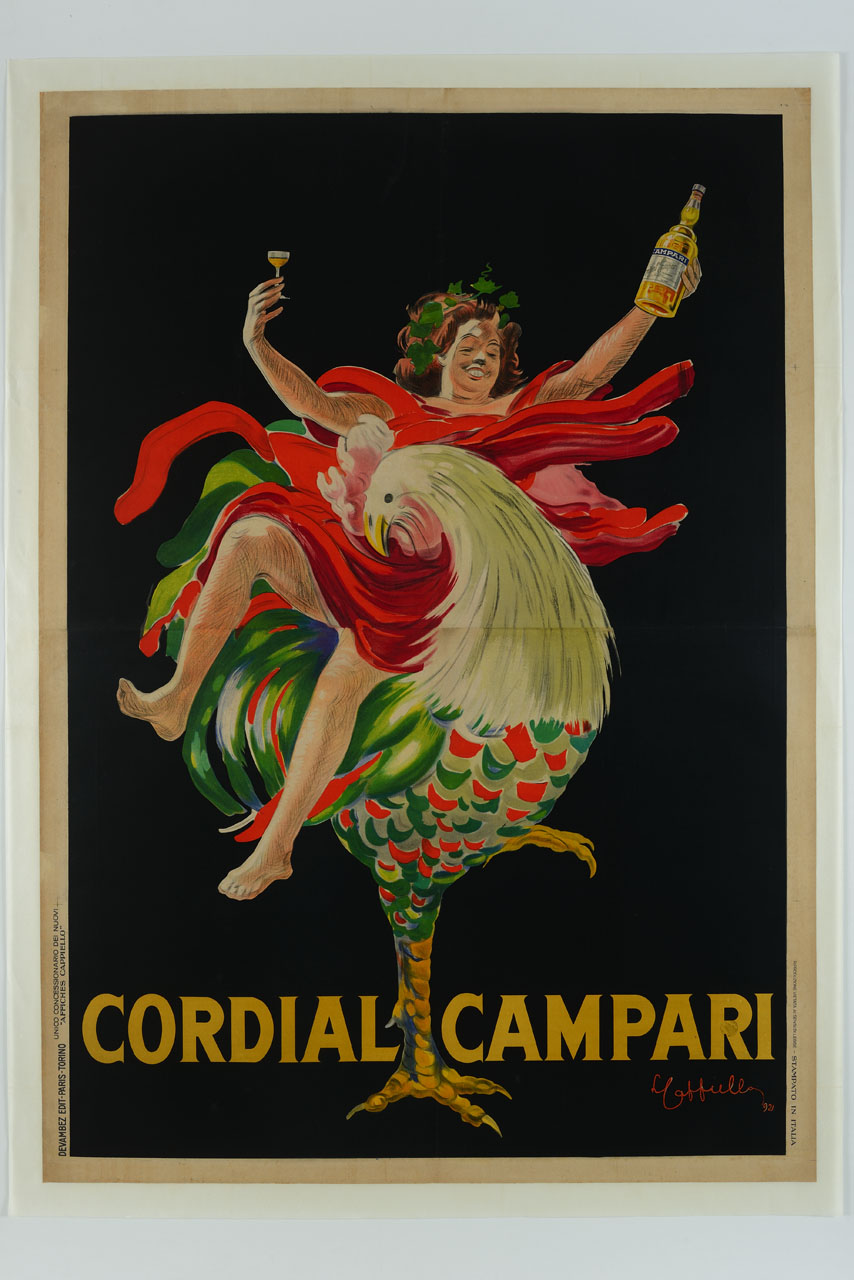 Bacco stilizzzato seduto in groppa ad un gallo mostra una bottiglia di Cordial Campari e un bicchiere (manifesto, stampa composita) di Cappiello Leonetto (sec. XX)