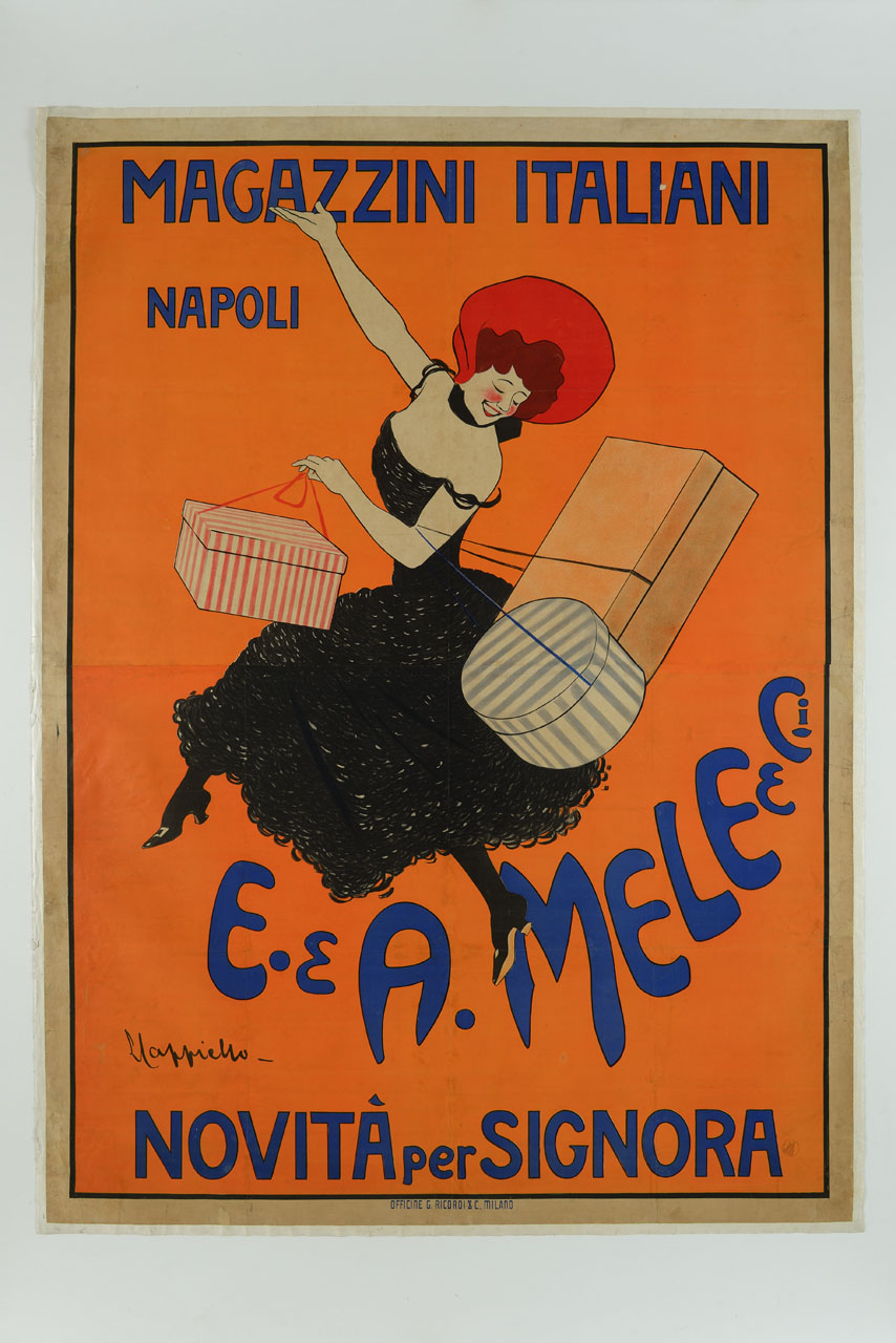 donna in abito lungo danza tenendo alcune scatole (manifesto, stampa composita) di Cappiello Leonetto (sec. XX)