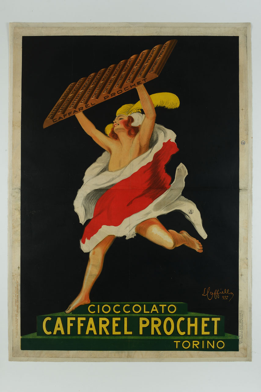 su un podio una donna avvolta da un drappo bianco e rosso con piume gialle tra i capelli mostra una tavoletta di cioccolato (manifesto, stampa composita) di Cappiello Leonetto (sec. XX)