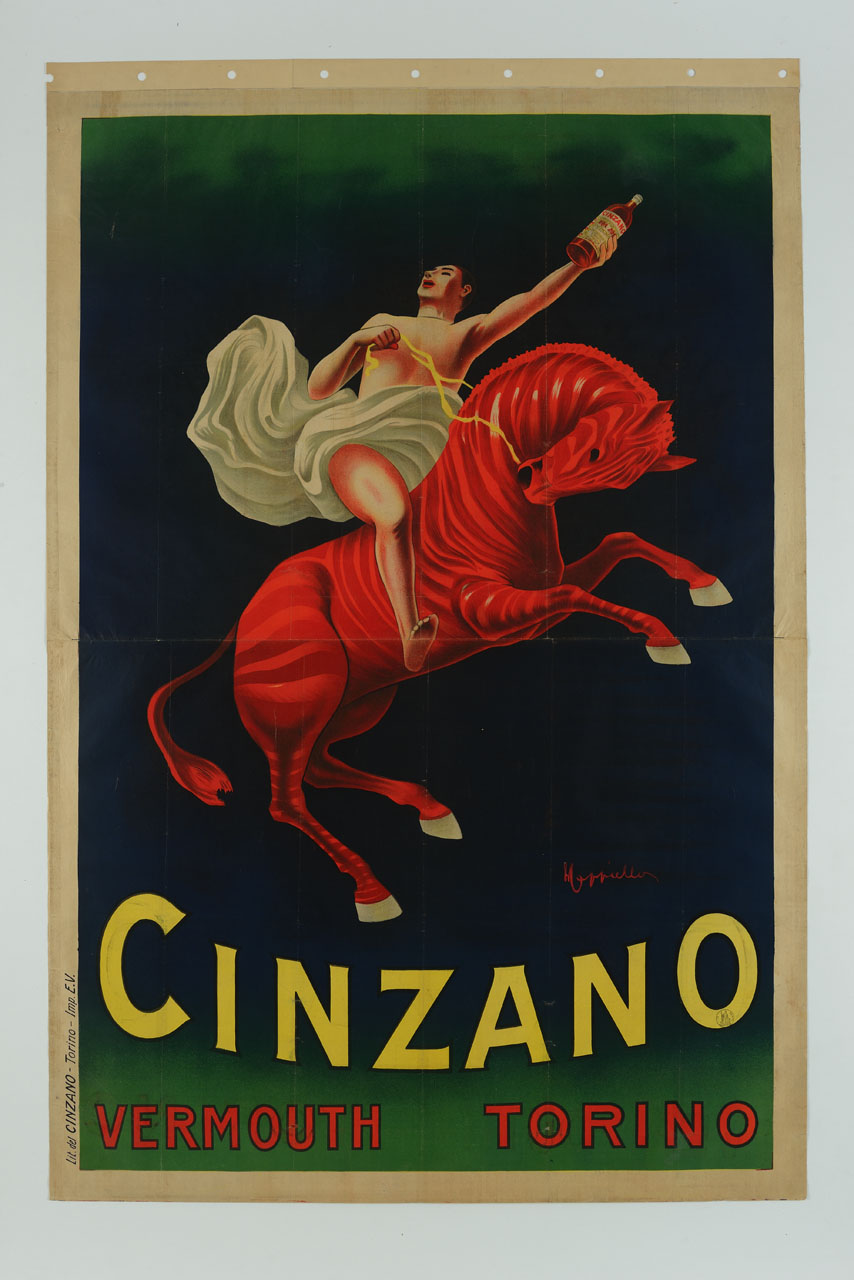 uomo stilizzato a cavallo mostra una bottiglia di Cinzano (manifesto, stampa composita) di Cappiello Leonetto (sec. XX)