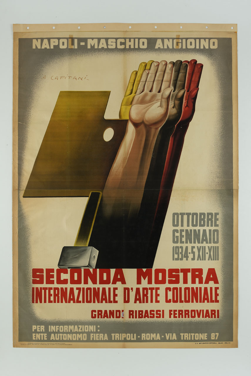 martello e fascio littorio sovrapposti a mano alzate nel saluto fascista (manifesto, stampa composita) di Capitani Alfredo (sec. XX)