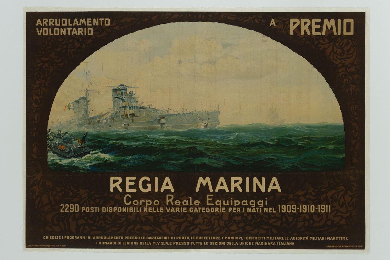 navi militari in mare burrascoso (manifesto) di Claudus Rudolf (sec. XX)