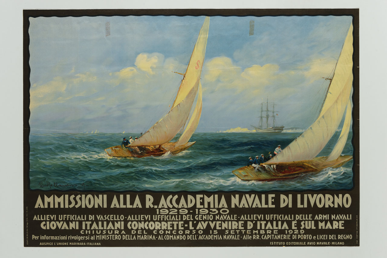 militari su barche a vela si esercitano in mare (manifesto) di Claudus Rudolf (sec. XX)