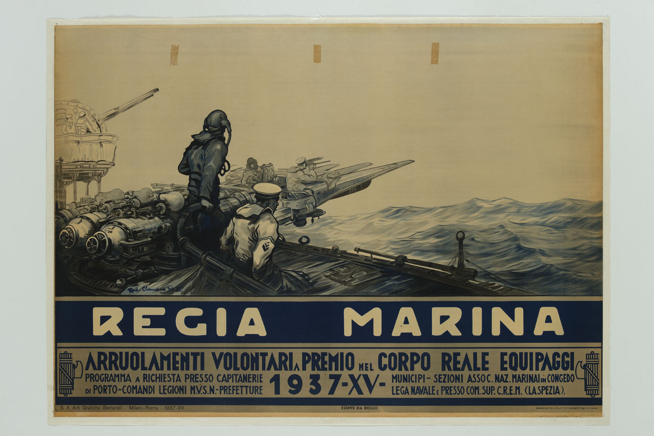 equipaggio militare in azione in mare (manifesto) di Claudus Rudolf (sec. XX)