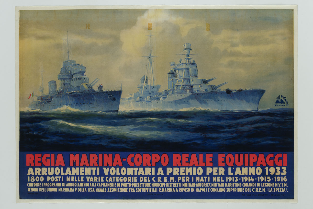 navi militari in mare (manifesto) di Claudus Rudolf (sec. XX)