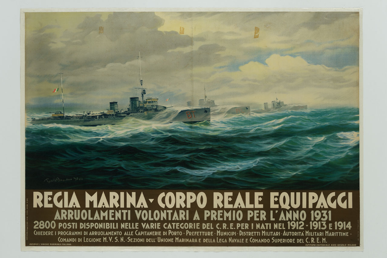 navi militari in mare burrascoso (manifesto) di Claudus Rudolf (sec. XX)
