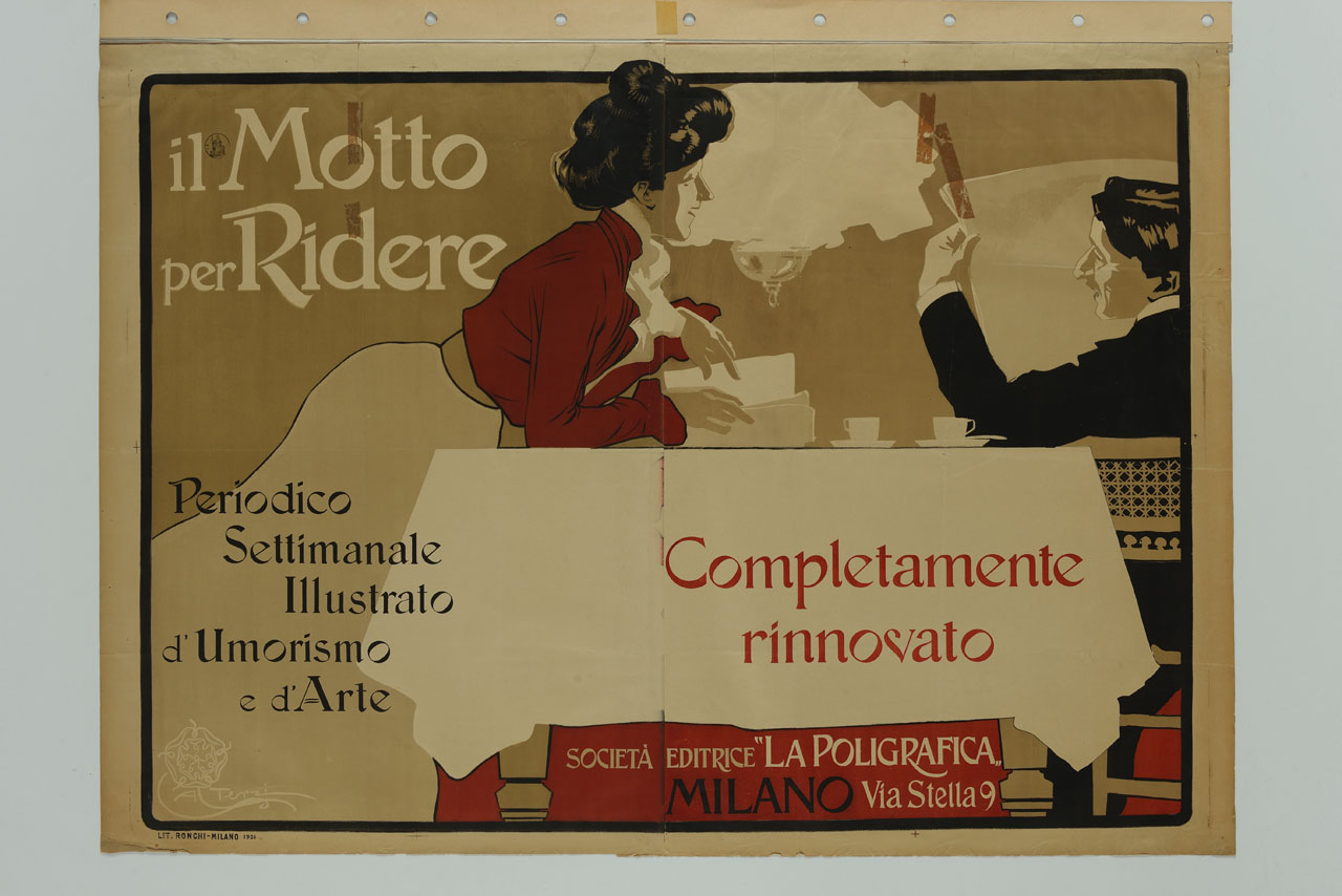 donna sorridente appoggiata ad un tavolo legge una rivista e parla con un uomo seduto con il quotidiano in mano (manifesto, stampa composita) di Terzi Aleardo (sec. XX)