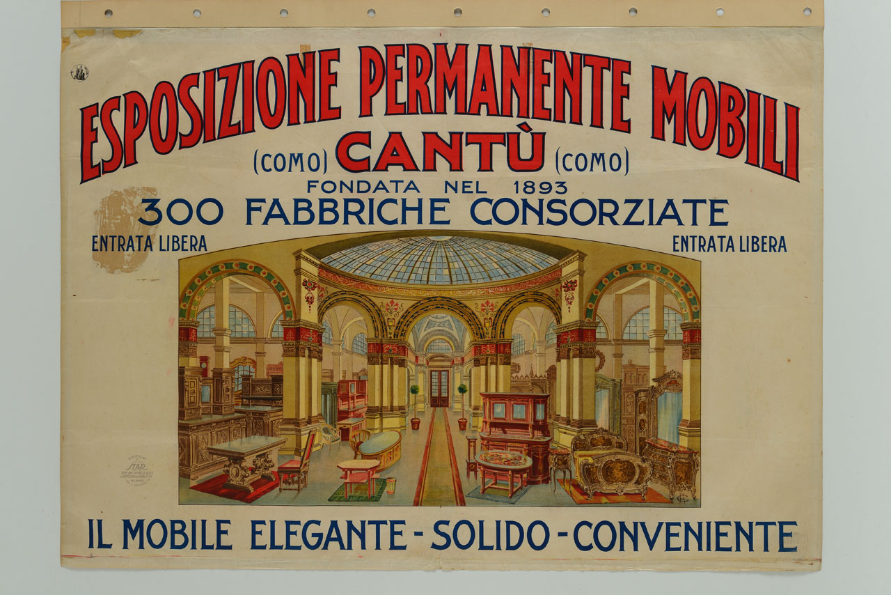 esposizione di mobili in un grande ambiente elegante (manifesto) - ambito italiano (sec. XX)