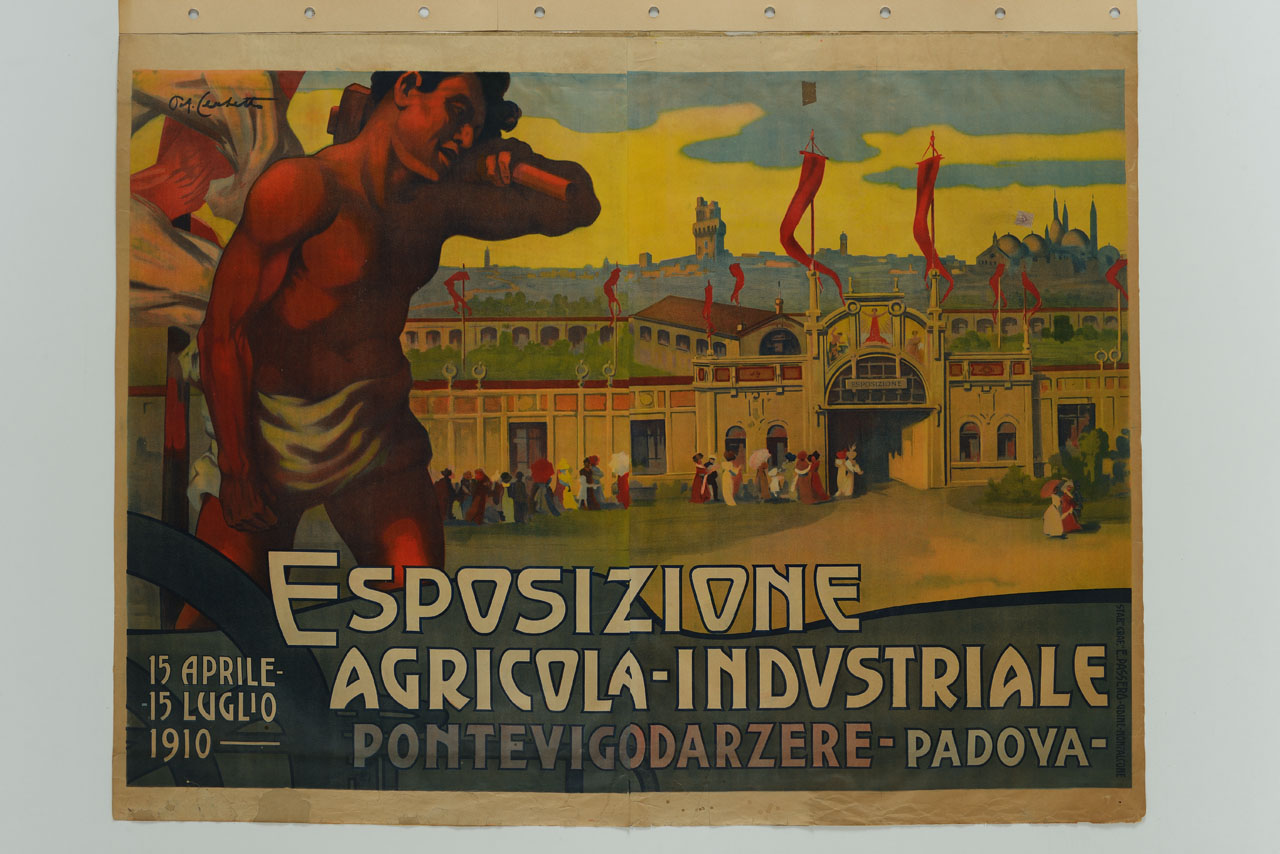 operaio a torso nudo sullo sfondo della fiera e della città di Padova (manifesto, stampa composita) - ambito italiano (sec. XX)